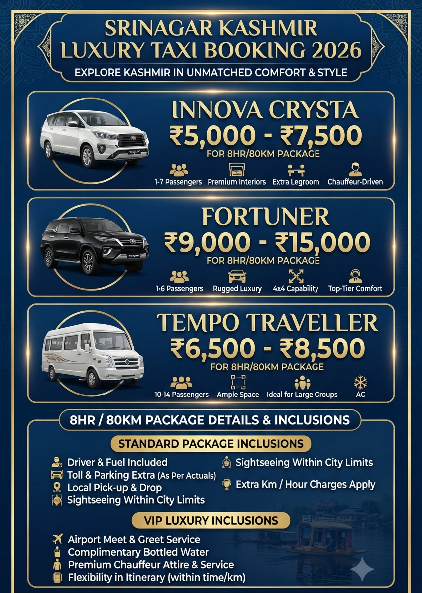 Srinagar Kashmir luxury taxi booking 2026 infographic - vehicle options and VIP rates