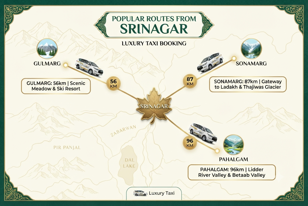 Srinagar Kashmir luxury taxi booking 2026 - route map with distances