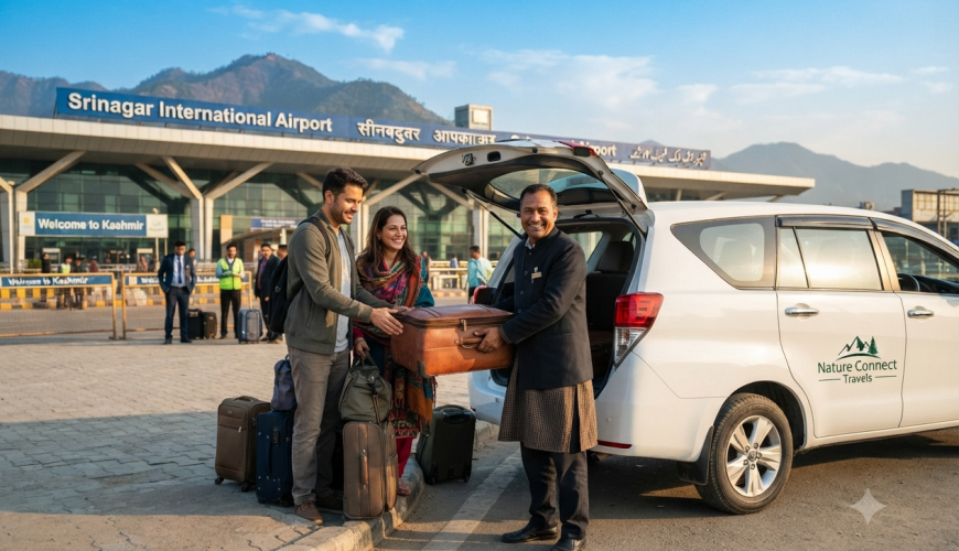 Srinagar airport Innova Crysta booking 2026 - Driver assisting with luggage