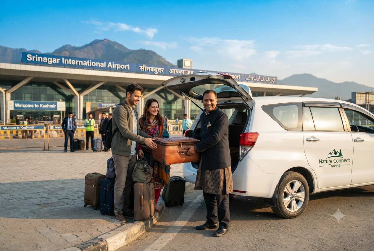 Srinagar airport Innova Crysta booking 2026 - Driver assisting with luggage