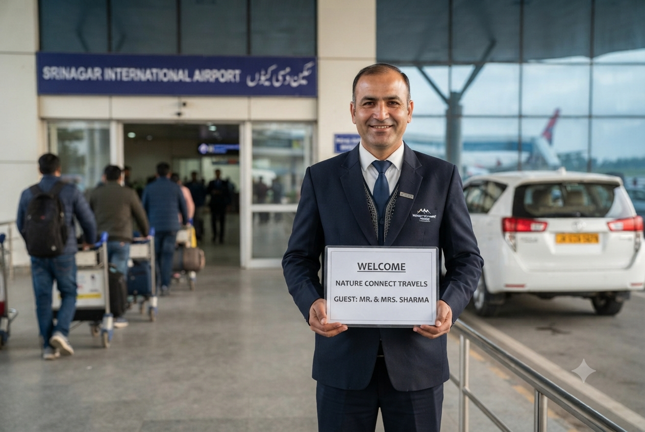 Srinagar airport Innova Crysta booking 2026 - Professional driver with welcome sign