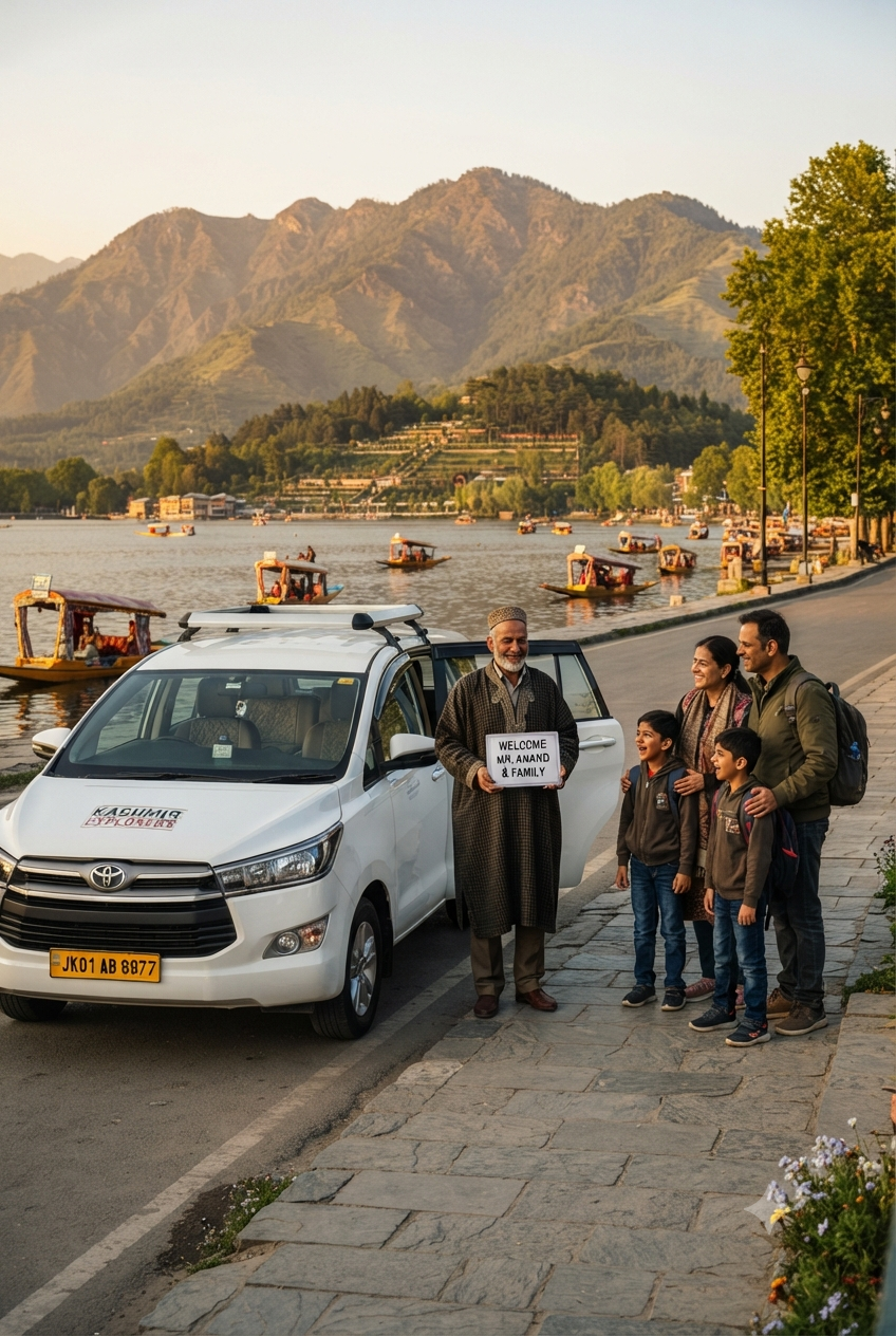 Srinagar cab booking 2026 - Innova Crysta on Dal Lake Boulevard with professional chauffeur