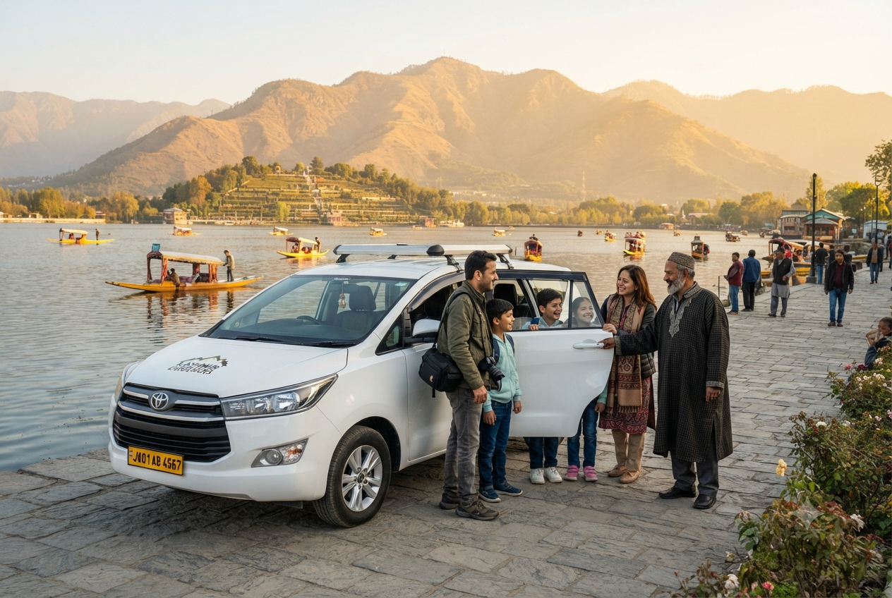 Srinagar cab booking 2026 - sightseeing taxi at Dal Lake with tourists