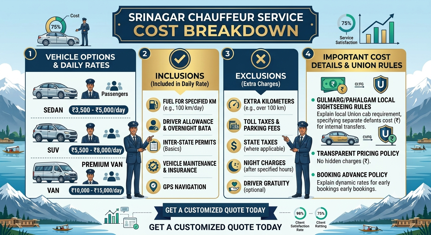 Srinagar Chauffeur Service 2026 | ₹3,000/Day | Hire Driver | Book Now 8 Srinagar chauffeur service 2026 - complete pricing and inclusions infographic