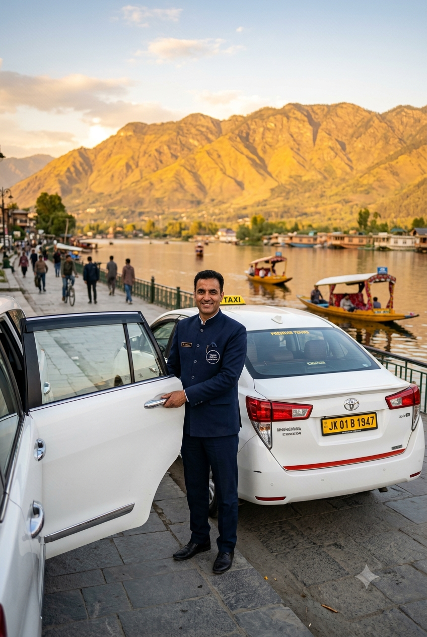 Srinagar chauffeur service 2026 - professional chauffeur with sedan on Dal Lake