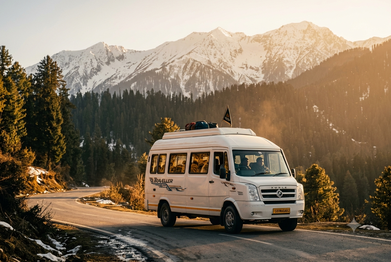 Srinagar Group Cab for Sightseeing Package 2026 | ₹5,500/Day 8 Srinagar group cab for sightseeing package 2026 - Tempo Traveller on scenic Srinagar road