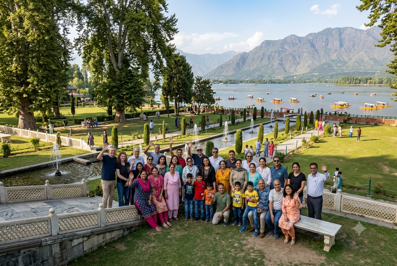 Srinagar Group Cab for Sightseeing Package 2026 | ₹5,500/Day 6 Srinagar group cab for sightseeing package 2026 - happy group at Nishat Bagh Mughal Gardens