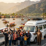 Srinagar group cab for sightseeing package 2026 - happy group with Tempo Traveller on Dal Lake