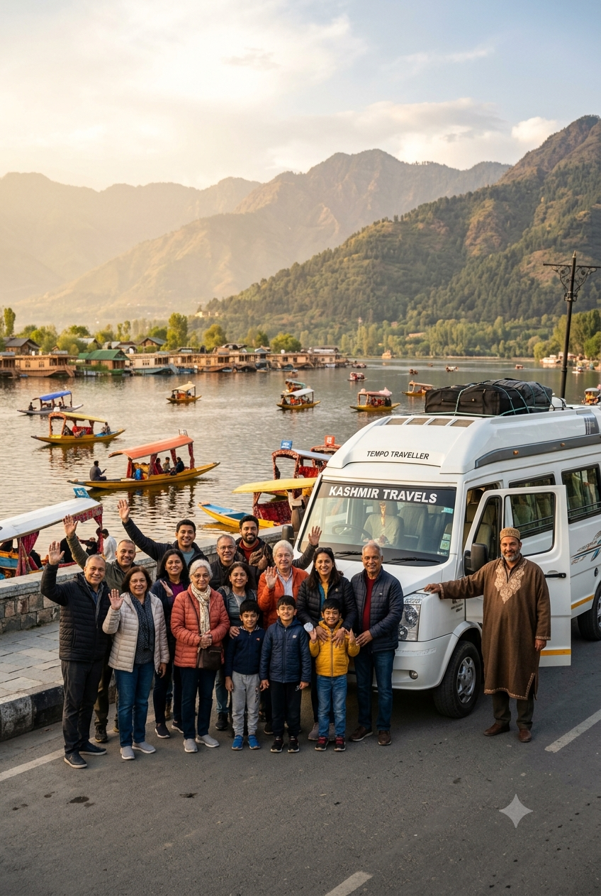 Srinagar group cab for sightseeing package 2026 - happy group with Tempo Traveller on Dal Lake