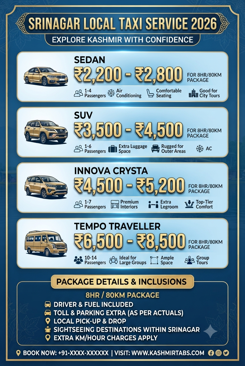 Srinagar local taxi service 2026 infographic - vehicle options and daily rates