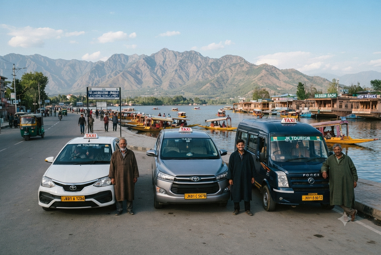 Srinagar local taxi service 2026 - sedan SUV and Tempo Traveller fleet on Dal Lake