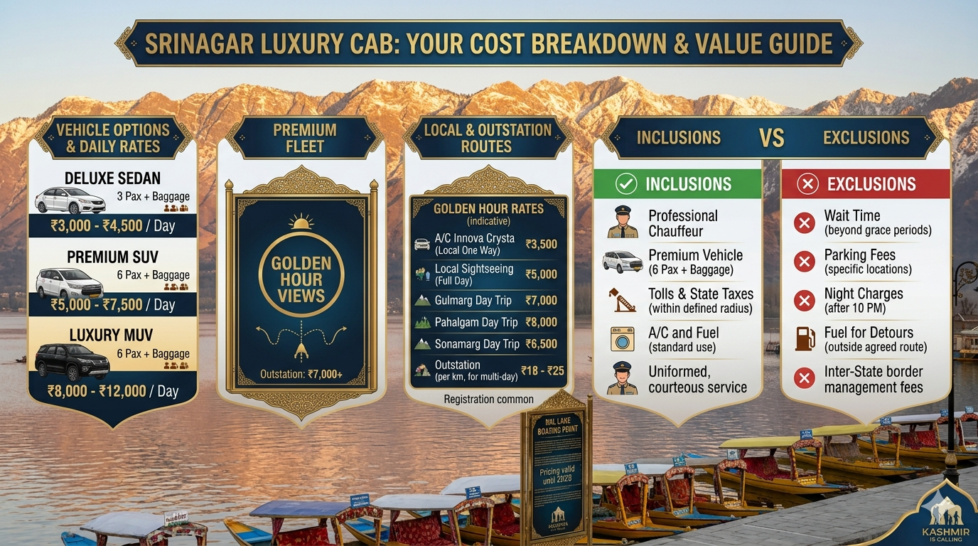 Srinagar Luxury Cab Service 2026 | ₹5,000 | Premium SUV | Book Now 11 Srinagar luxury cab 2026 - complete rate card and inclusions infographic