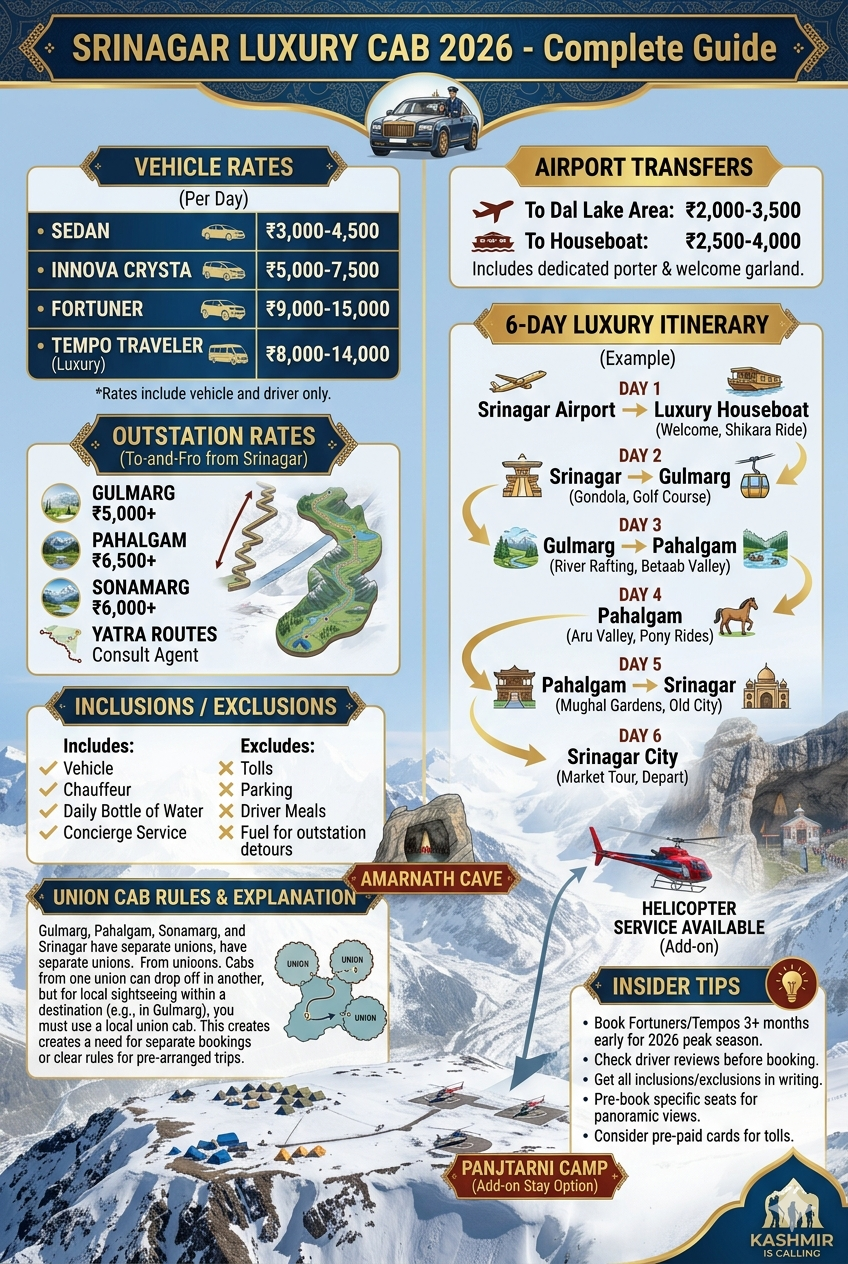 Srinagar luxury cab 2026 infographic - vehicle rates, itinerary, inclusions
