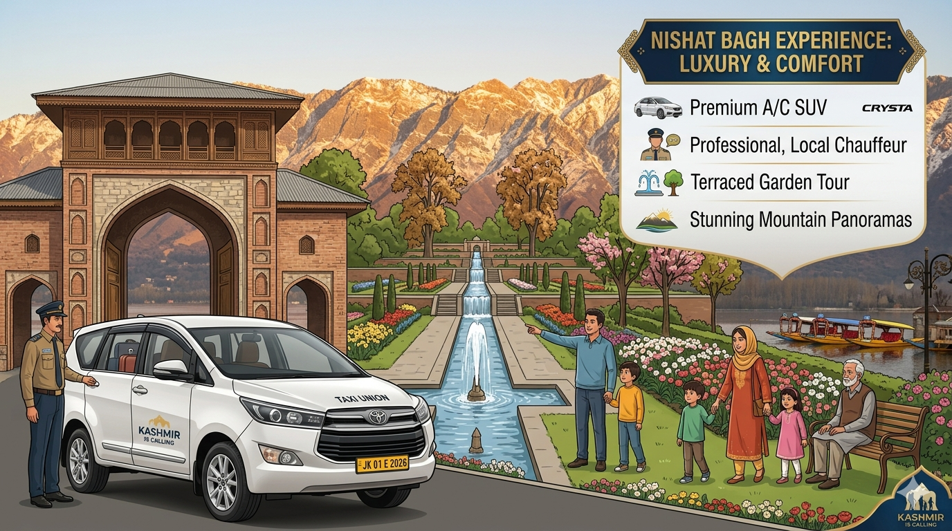 Srinagar Luxury Cab Service 2026 | ₹5,000 | Premium SUV | Book Now 12 Srinagar luxury cab 2026 - luxury SUV at Nishat Bagh Mughal Garden