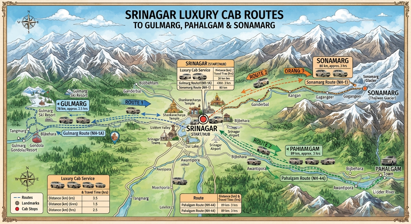 Srinagar Luxury Cab Service 2026 | ₹5,000 | Premium SUV | Book Now 14 Srinagar luxury cab 2026 - popular routes map
