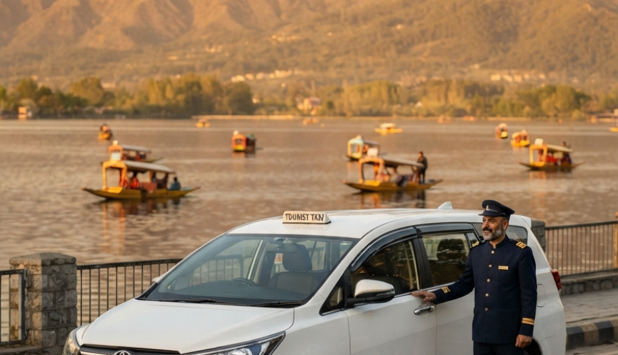 Srinagar luxury cab rates per day 2026 - Innova Crysta on Dal Lake Boulevard with driver