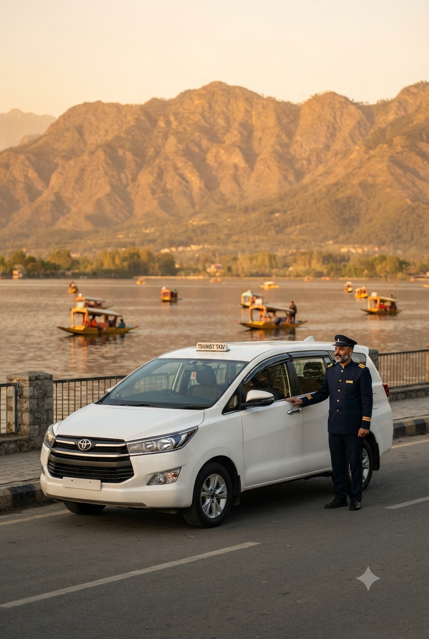 Srinagar luxury cab rates per day 2026 - Innova Crysta on Dal Lake Boulevard with driver