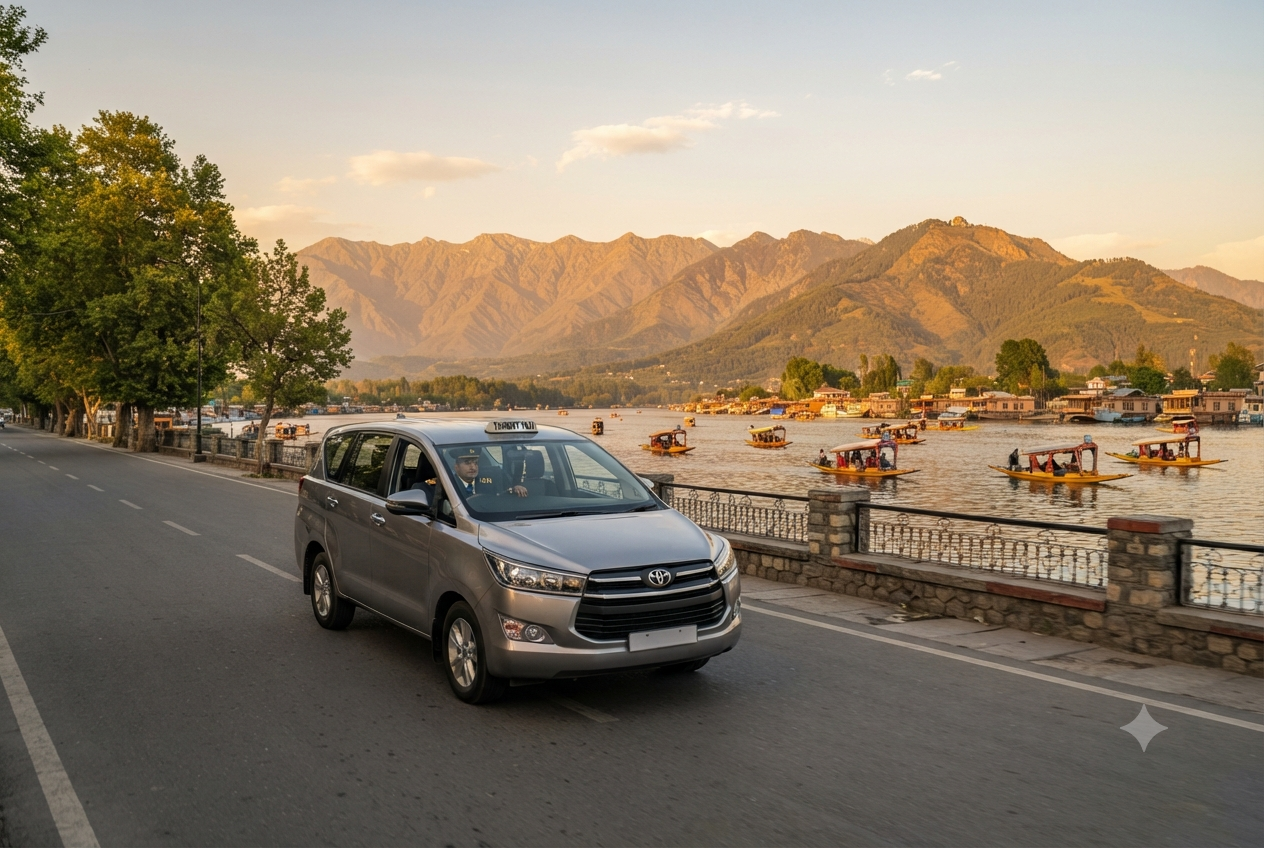 Srinagar luxury cab rates per day 2026 - Innova Crysta on Dal Lake Boulevard