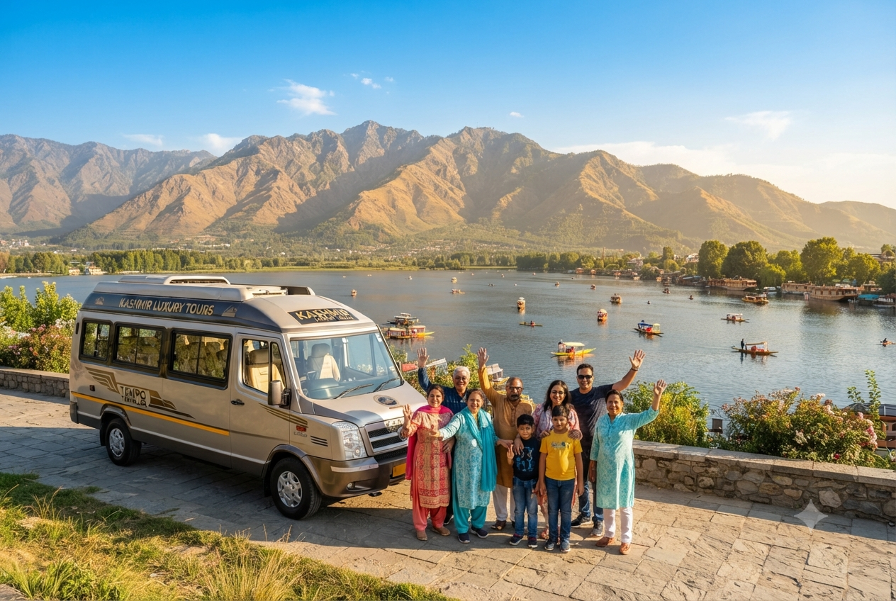 Srinagar luxury cab rates per day 2026 - Tempo Traveller group tour on Dal Lake