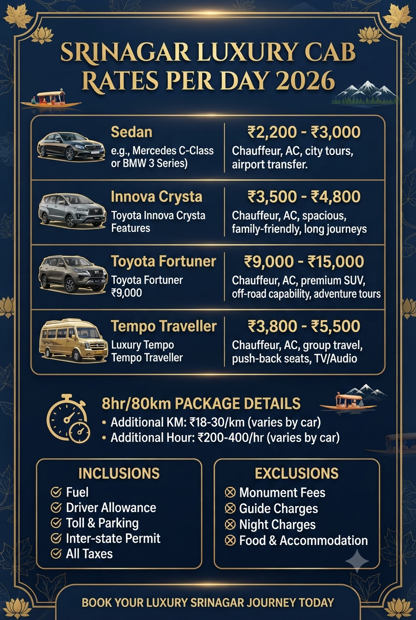 Srinagar luxury cab rates per day 2026 infographic - vehicle options and rates