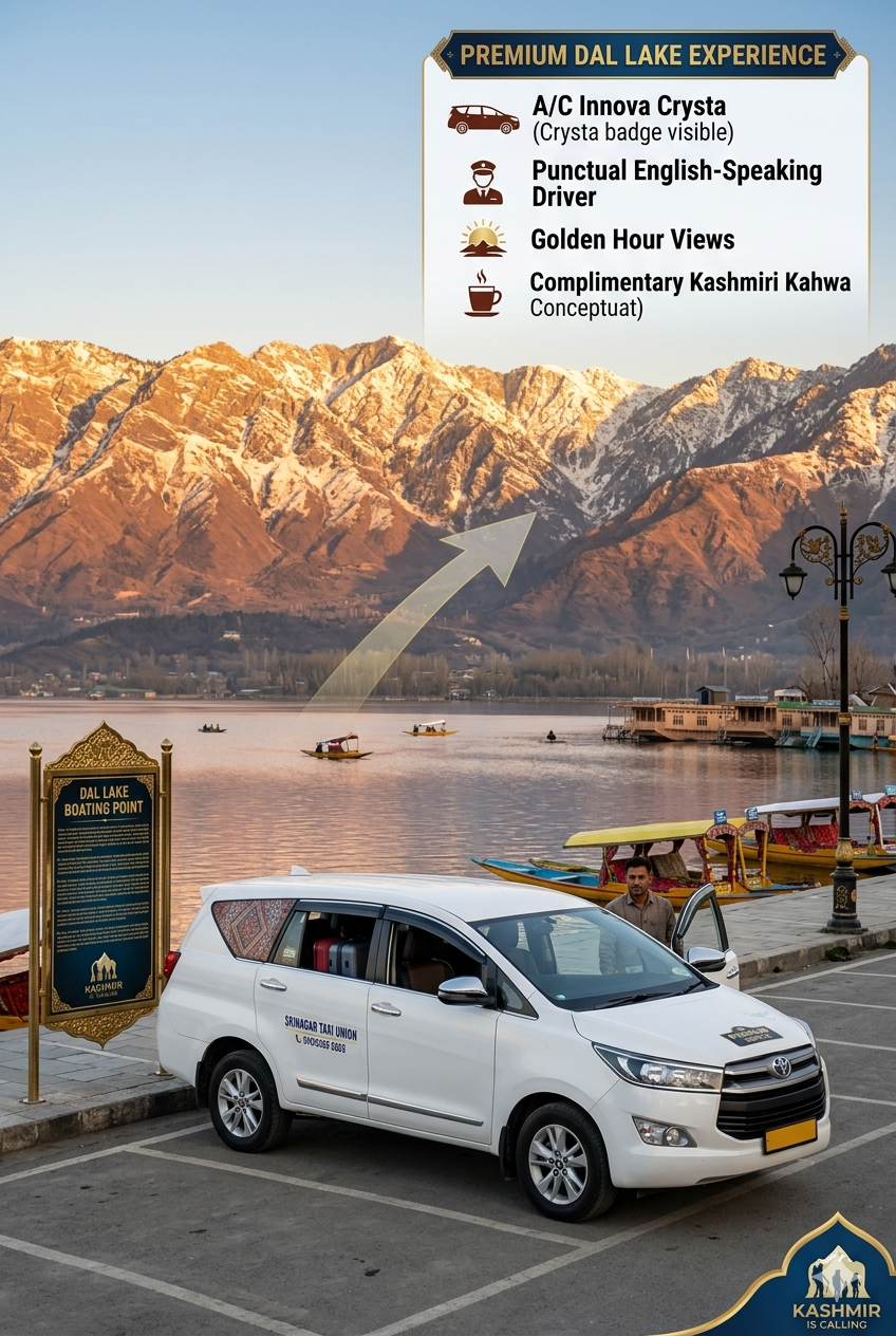 Srinagar Luxury Cab Service 2026 | ₹5,000 | Premium SUV | Book Now 9 Srinagar luxury cab service 2026 - Innova Crysta on Dal Lake with mountains
