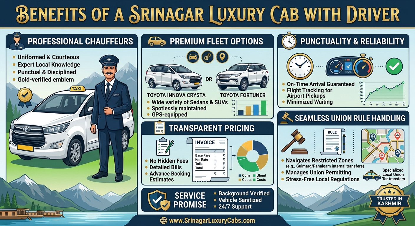 Srinagar Luxury Cab with Driver 2026 | ₹4,000 | Premium SUVs | Book Now 8 Srinagar luxury cab with driver 2026 - benefits infographic