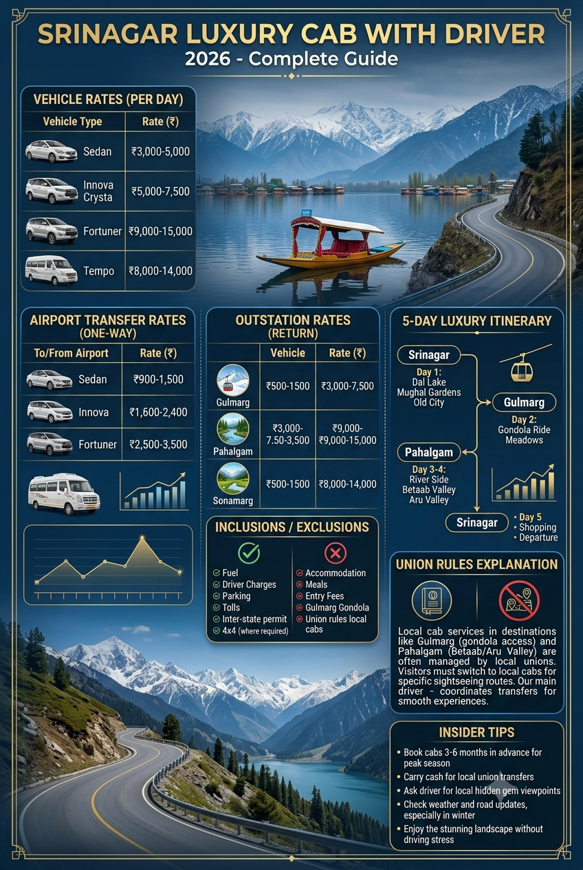 Srinagar luxury cab with driver 2026 infographic - vehicle rates, itinerary, inclusions