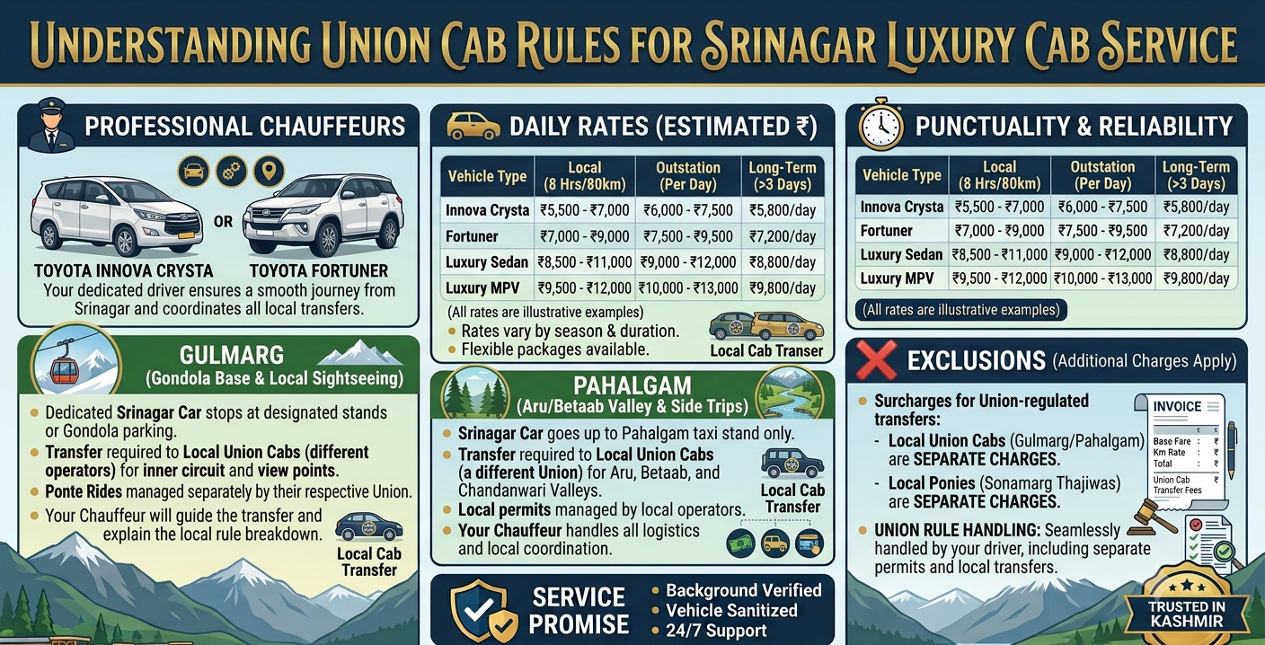 Srinagar Luxury Cab with Driver 2026 | ₹4,000 | Premium SUVs | Book Now 10 Srinagar luxury cab with driver 2026 - union cab rules infographic