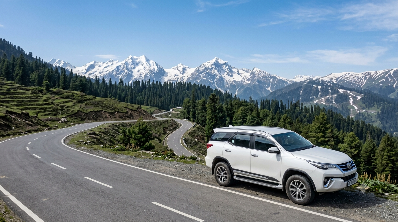Srinagar to Gulmarg Luxury SUV Price 2026 | ₹6,000 | Book Fortuner 7 Srinagar to Gulmarg luxury SUV price 2026 - Toyota Fortuner on mountain road to Gulmarg