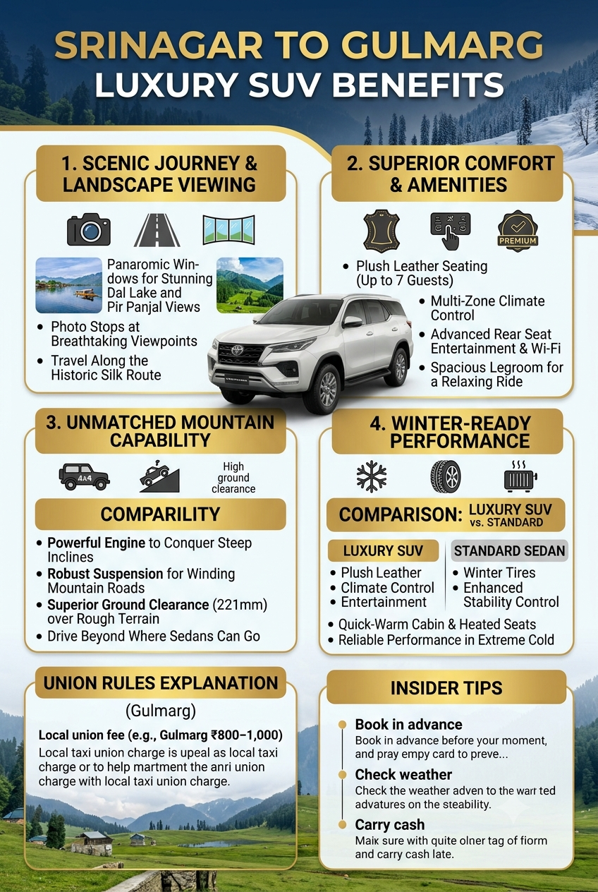 Srinagar to Gulmarg Luxury SUV Price 2026 | ₹6,000 | Book Fortuner 8 Srinagar to Gulmarg luxury SUV price 2026 - benefits infographic