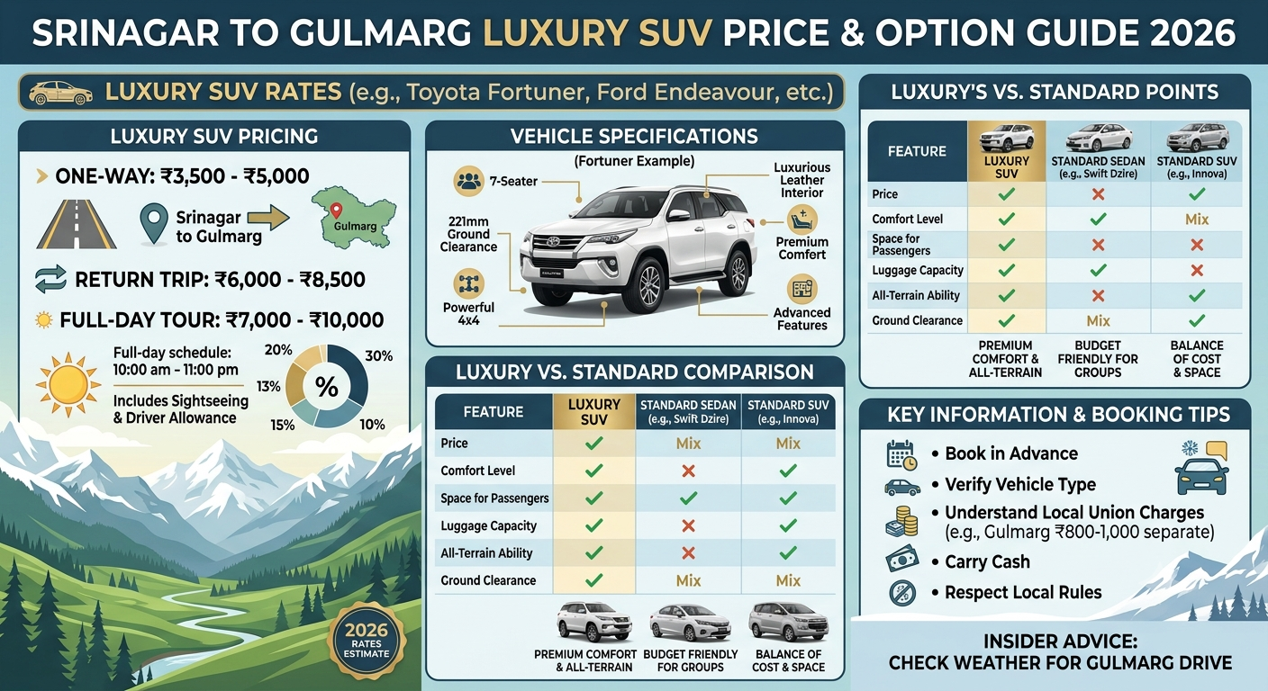 Srinagar to Gulmarg Luxury SUV Price 2026 | ₹6,000 | Book Fortuner 9 Srinagar to Gulmarg luxury SUV price 2026 - complete rate guide infographic