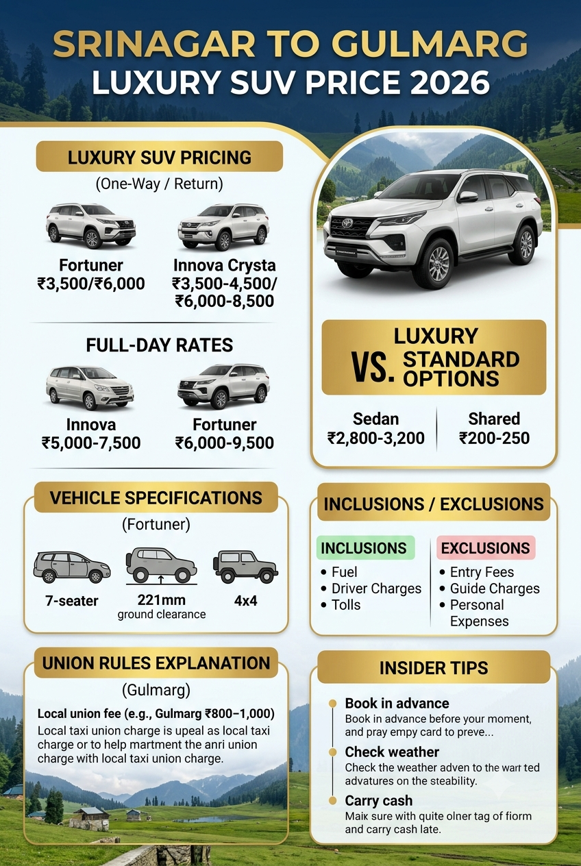 Srinagar to Gulmarg luxury SUV price 2026 infographic - rates, vehicle specifications, union rules