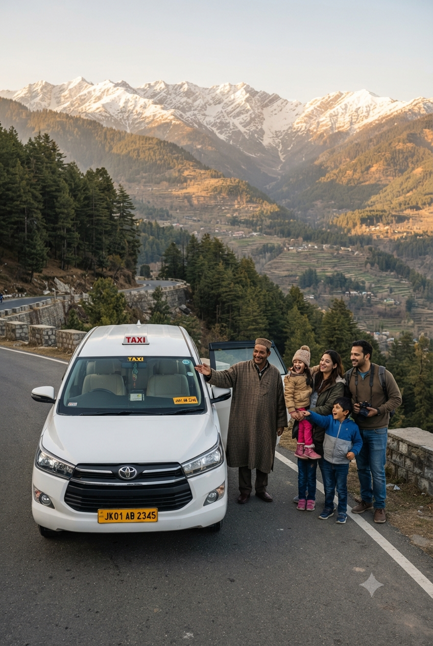 Taxi hire Srinagar price 2026 - Innova Crysta on scenic Kashmir road with family
