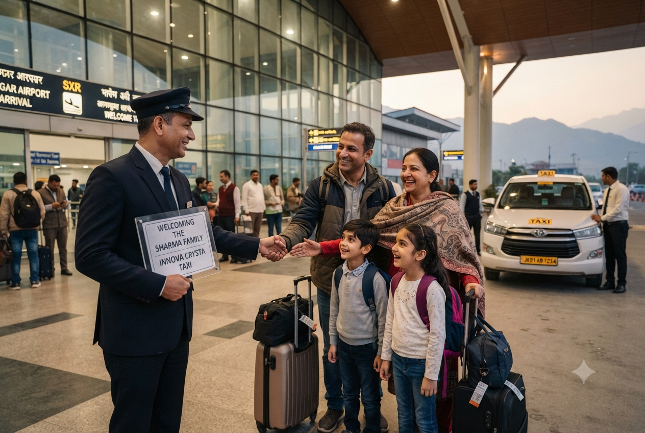Taxi hire Srinagar price 2026 - chauffeur at Srinagar Airport greeting family