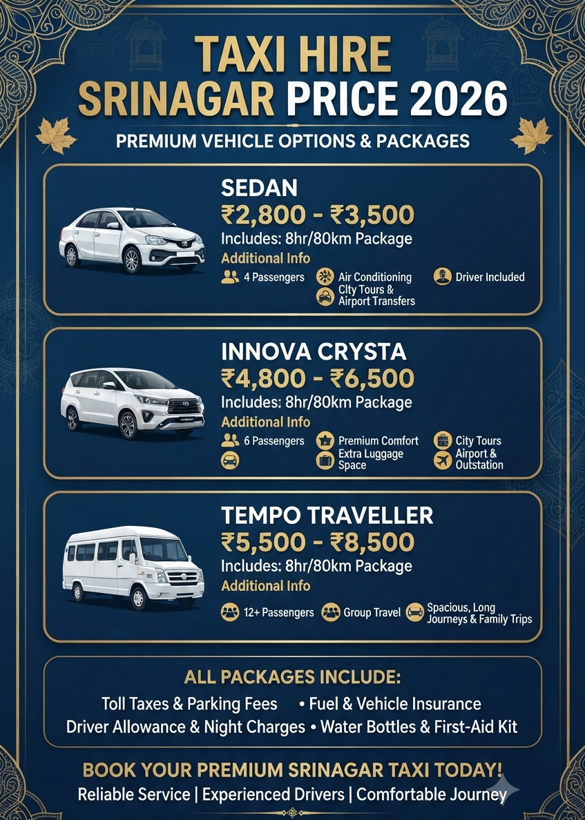Taxi hire Srinagar price 2026 infographic - vehicle options and daily rates