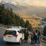 Taxi service in Kashmir price 2026 - Innova Crysta on scenic road with family