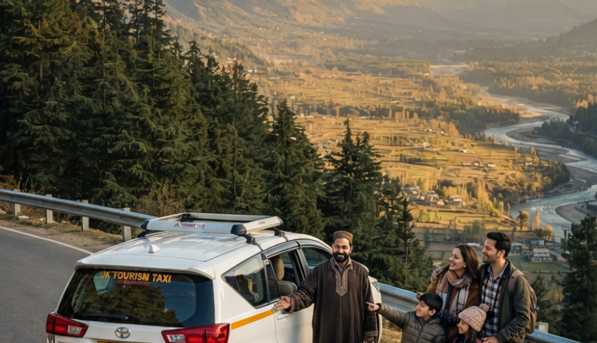 Taxi service in Kashmir price 2026 - Innova Crysta on scenic road with family