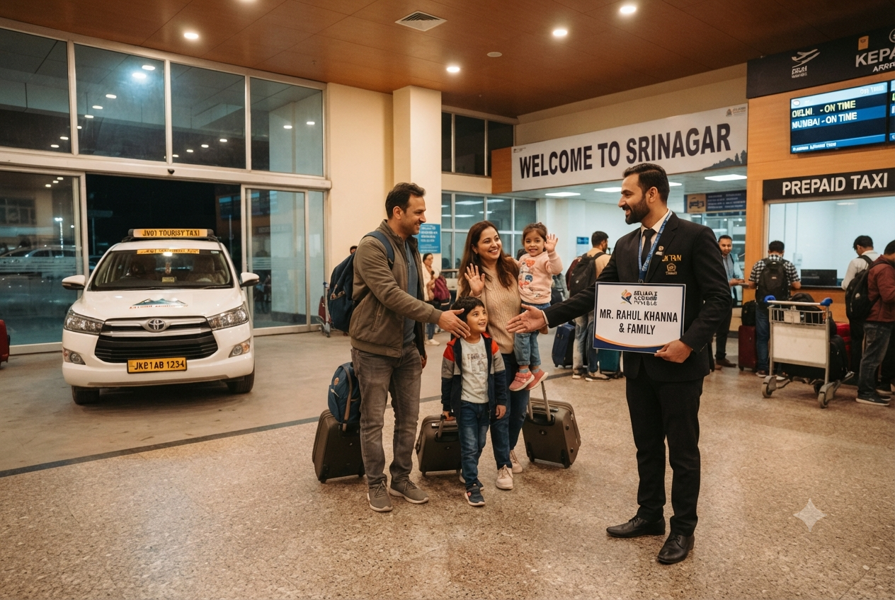 Taxi service in Kashmir price 2026 - chauffeur at Srinagar Airport greeting family
