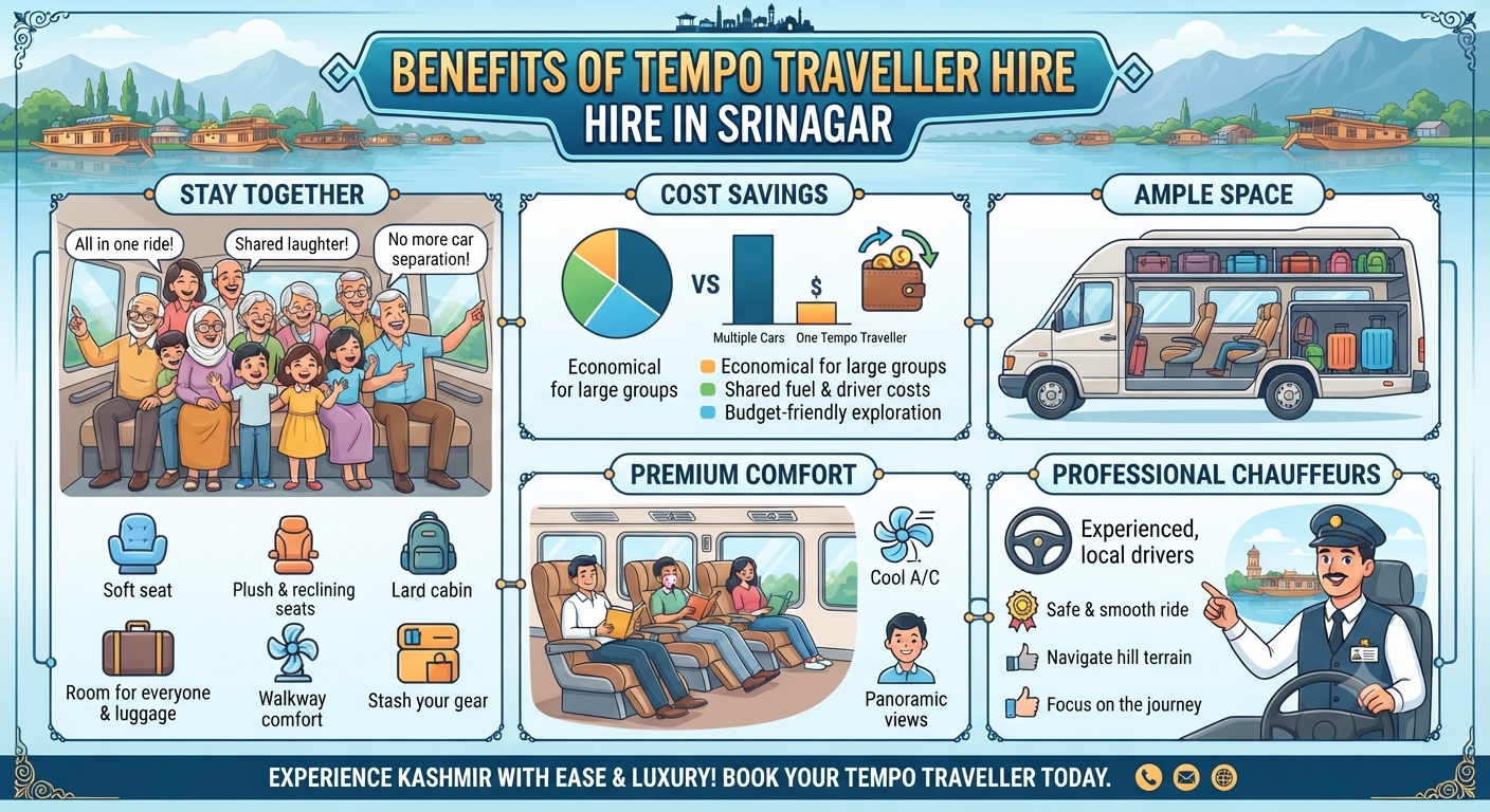 Tempo Traveller Hire Srinagar 2026 | ₹5,500 | Group Tours | Book Now 11 Tempo traveller hire Srinagar 2026 - benefits infographic