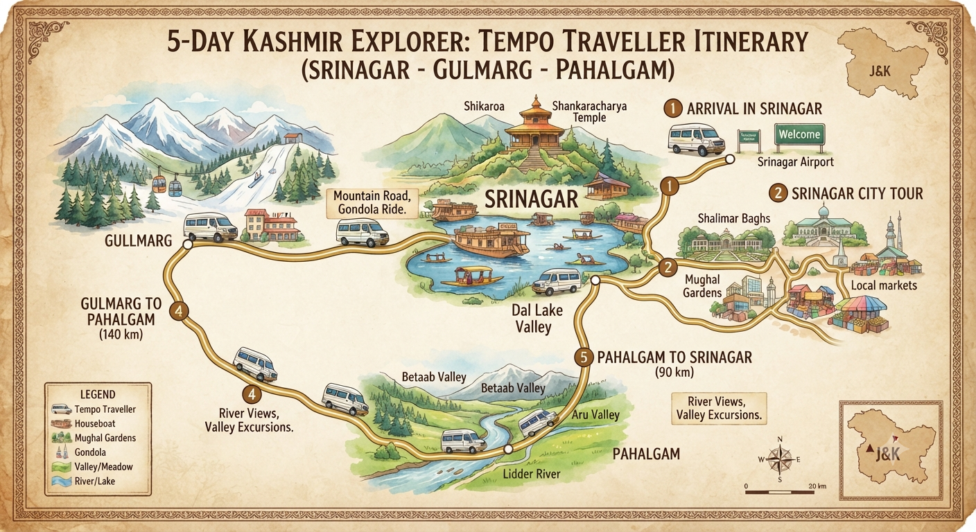Tempo Traveller Hire Srinagar 2026 | ₹5,500 | Group Tours | Book Now 14 Tempo traveller hire Srinagar 2026 - complete group itinerary map