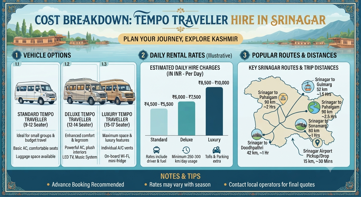 Tempo Traveller Hire Srinagar 2026 | ₹5,500 | Group Tours | Book Now 12 Tempo traveller hire Srinagar 2026 - complete rate card and route guide infographic