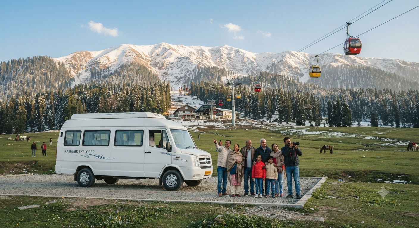 Tempo Traveller Hire Srinagar 2026 | ₹5,500 | Group Tours | Book Now 13 Tempo traveller hire Srinagar 2026 - group at Gulmarg with Gondola
