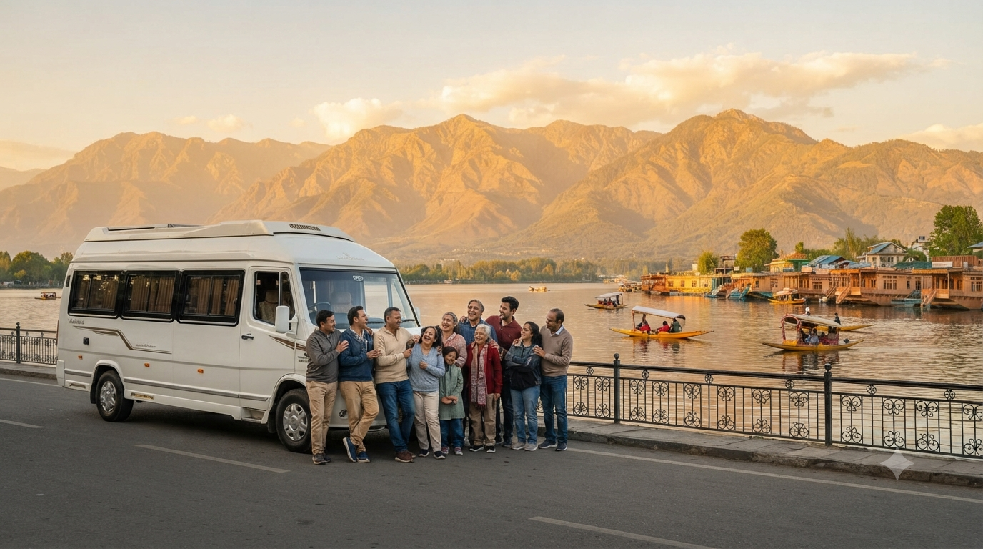 Tempo Traveller Hire Srinagar 2026 | ₹5,500 | Group Tours | Book Now 10 Tempo traveller hire Srinagar 2026 - group tour vehicle on Dal Lake with happy travelers