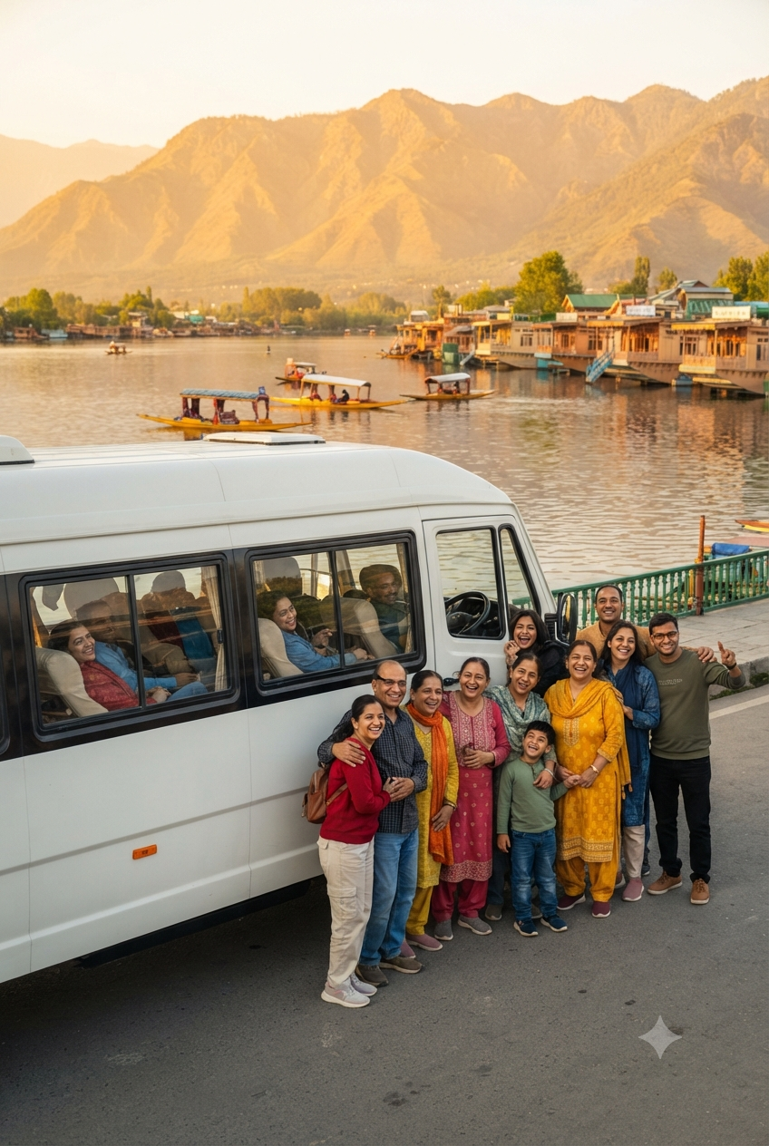 Tempo traveller hire Srinagar 2026 - happy group with comfortable tempo on Dal Lake at golden hour