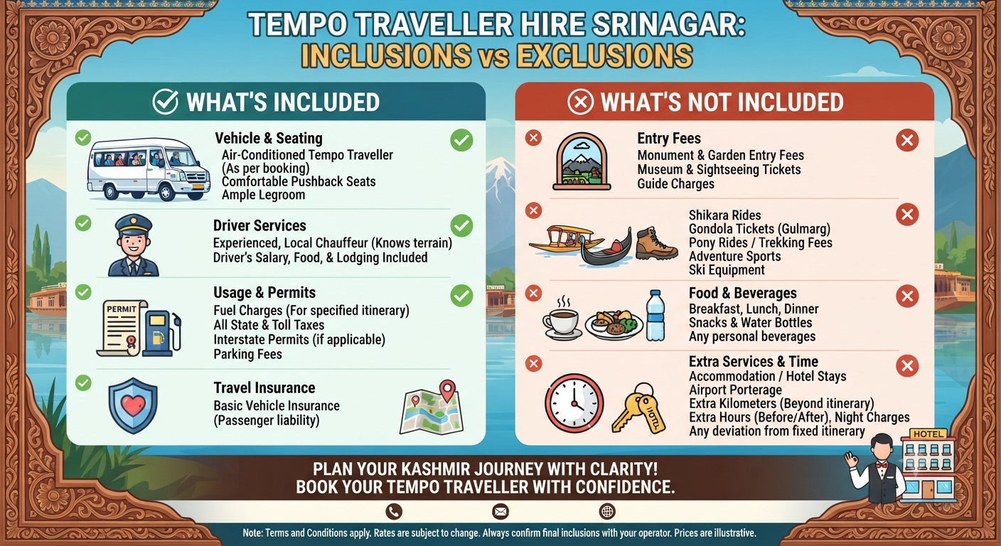 Tempo Traveller Hire Srinagar 2026 | ₹5,500 | Group Tours | Book Now 15 Tempo traveller hire Srinagar 2026 - inclusions and exclusions infographic