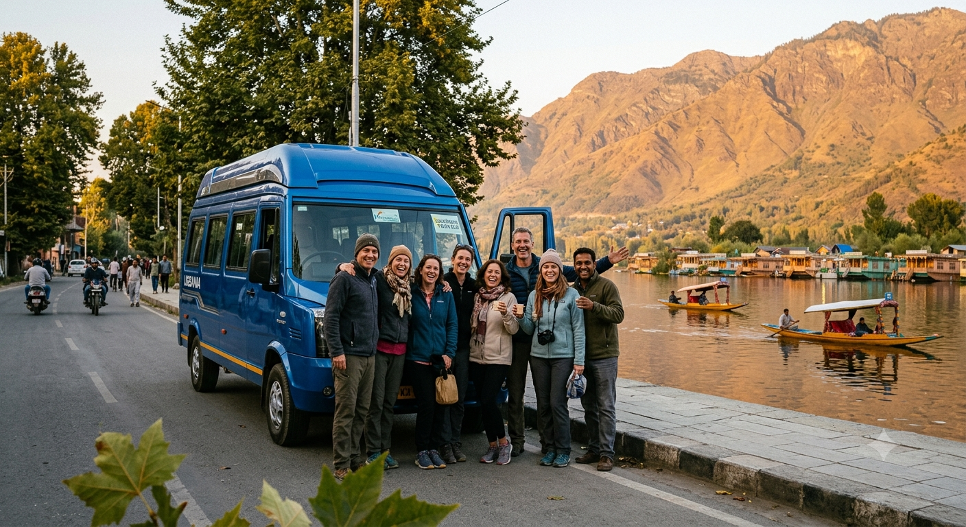 Urbania Executive Model Srinagar Rental 2026 | ₹8,500 | 9-10 Seater | Book 8 Urbania executive model Srinagar rental 2026 - Executive Urbania with happy group on Dal Lake