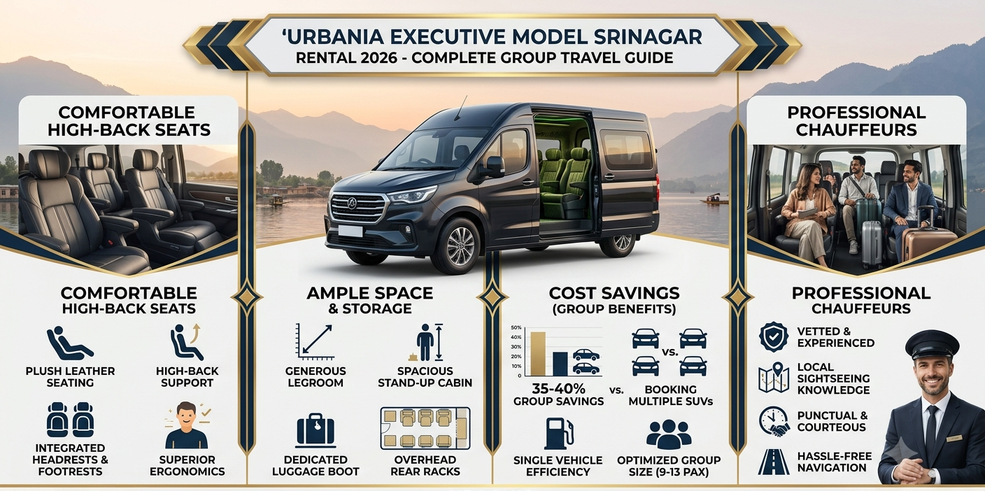 Urbania Executive Model Srinagar Rental 2026 | ₹8,500 | 9-10 Seater | Book 9 Urbania executive model Srinagar rental 2026 benefits infographic e1783735777845