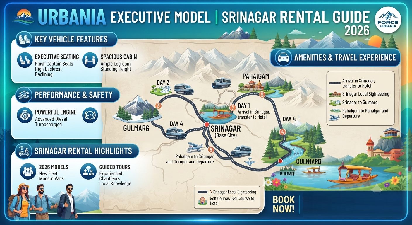 Urbania Executive Model Srinagar Rental 2026 | ₹8,500 | 9-10 Seater | Book 12 Urbania executive model Srinagar rental 2026 - complete group itinerary map