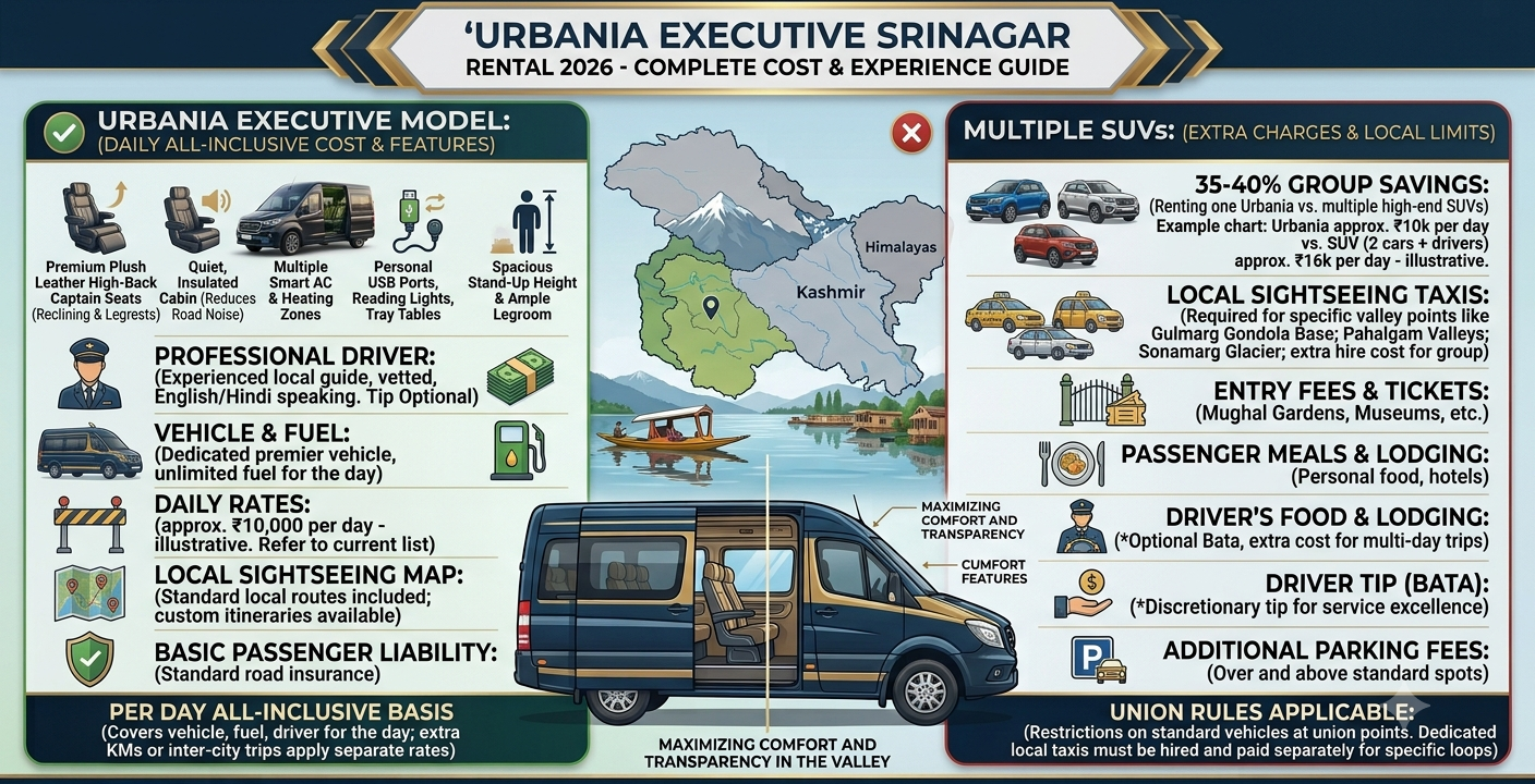 Urbania Executive Model Srinagar Rental 2026 | ₹8,500 | 9-10 Seater | Book 10 Urbania executive model Srinagar rental 2026 complete vehicle guide infographic e1783735743917