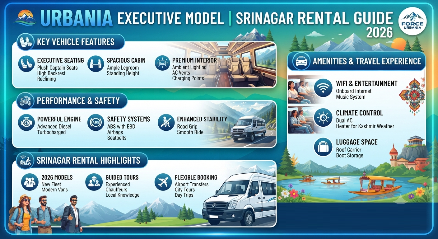 Urbania Executive Model Srinagar Rental 2026 | ₹8,500 | 9-10 Seater | Book 11 Urbania executive model Srinagar rental 2026 - inclusions and exclusions infographic